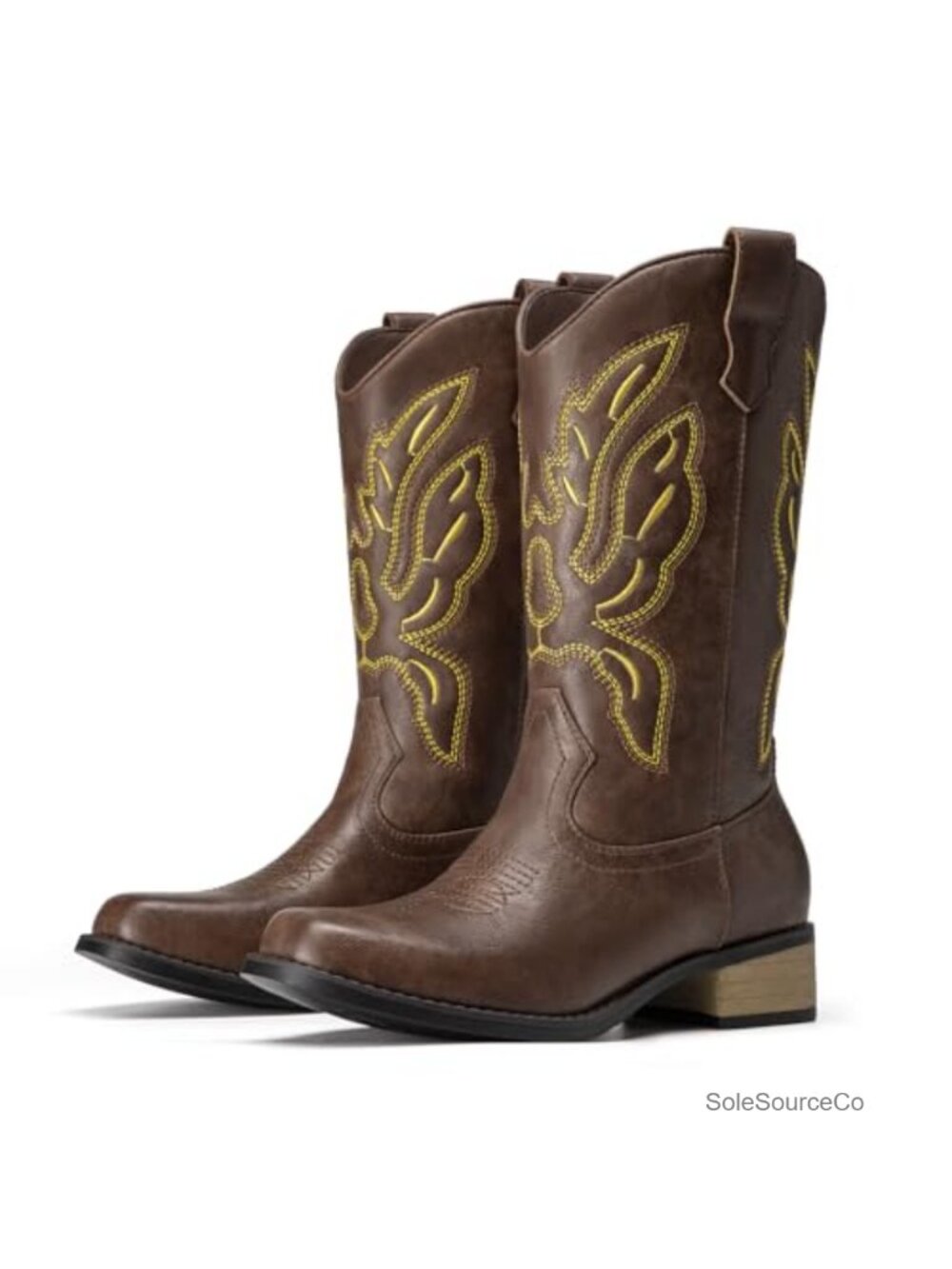 Mid Calf Square Toe Cowboy Western Boots Faux Leather Block Heel